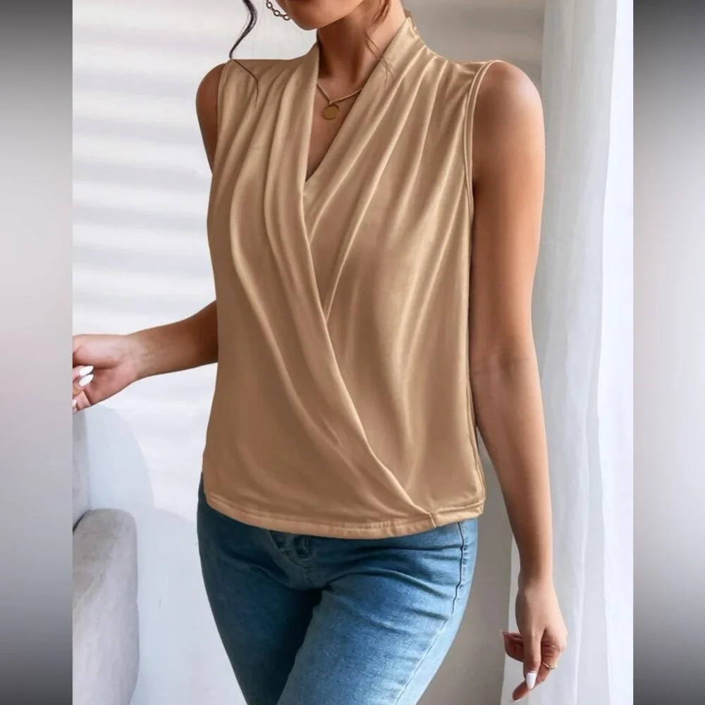 Luxe camel surplice neck wrap top - Picture 3 of 16